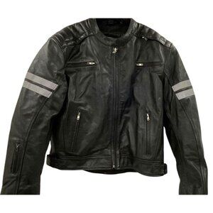 Viking Cycle Black Leather Motorcycle Jacket XL Reflective Stripes Leather